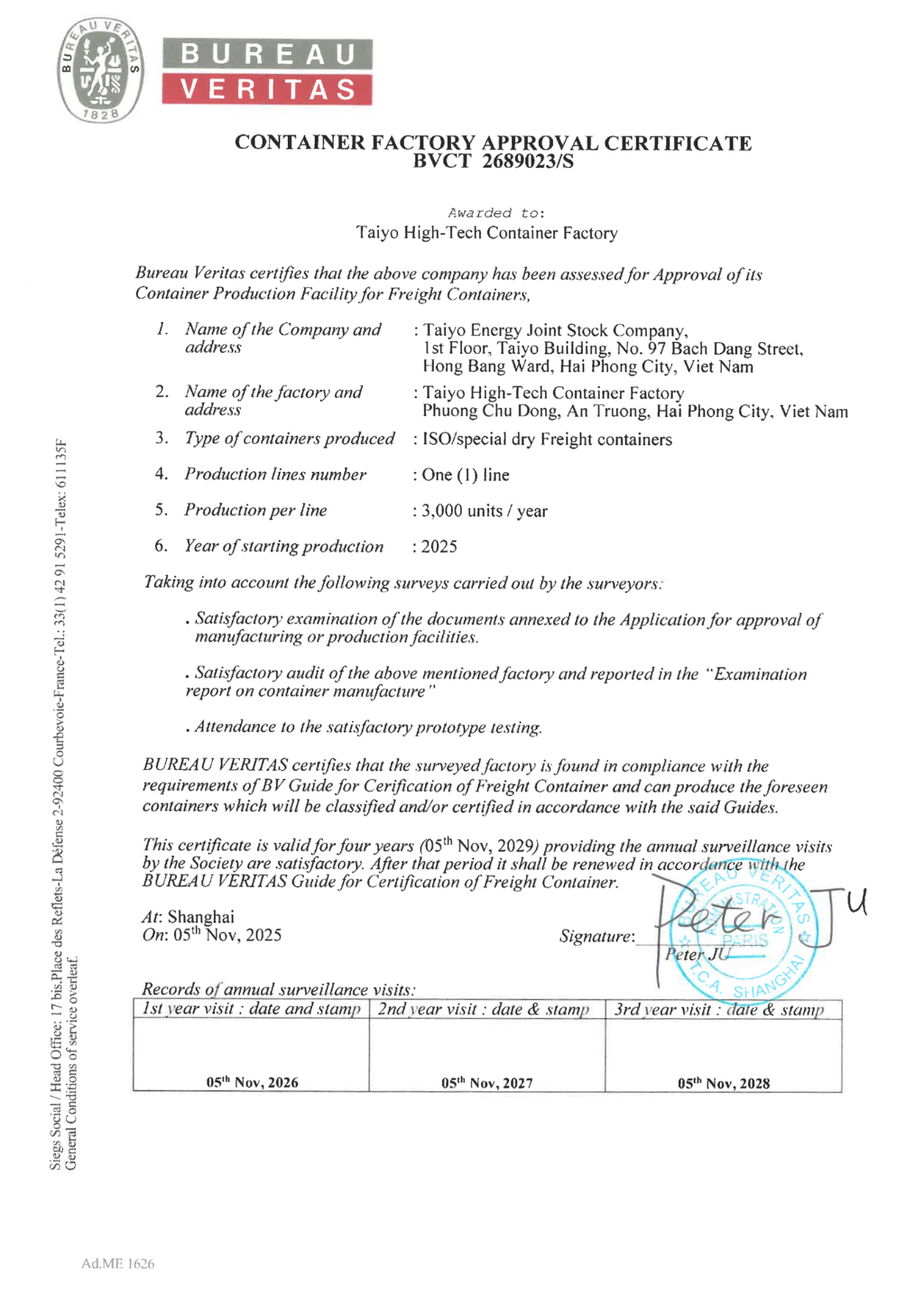 TaiyoEnergy Container Factory Approval Certificate