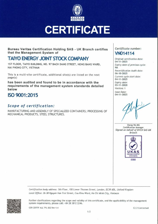 ISO 9001 2015 Certificate - Taiyo Energy Nhà Sản Xuất Container BESS