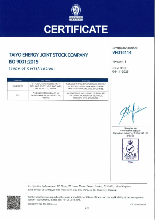 ISO 9001 2015 Certificate - Taiyo Energy Nhà Sản Xuất Container BESS